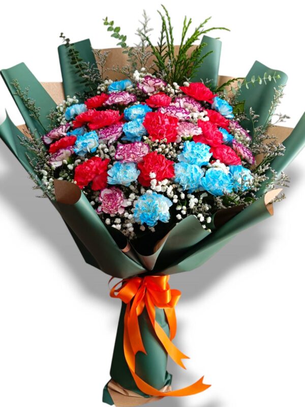 Bouquet of colorful carnations, blue, red, purple
