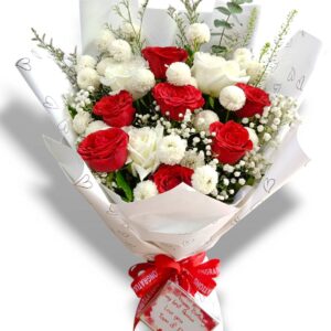 A bouquet of 9 red and white roses