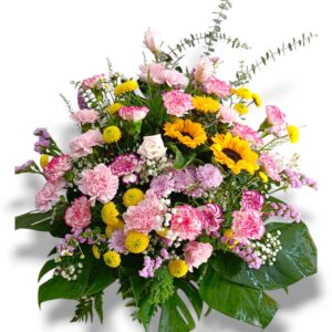 Tabletop flower basket with sunflowers and pink carnations