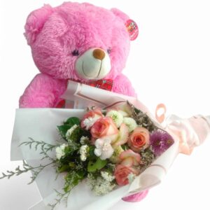 Pink, white, cream teddy bear, medium sized pink or red flower bouquet