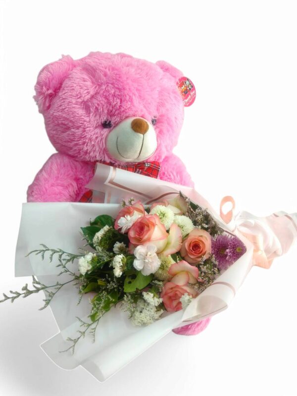 Pink, white, cream teddy bear, medium sized pink or red flower bouquet