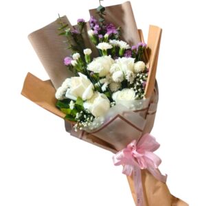 5 white rose boxes, brown paper