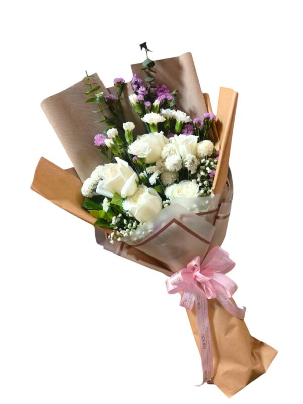 5 white rose boxes, brown paper
