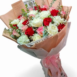 Bouquet of 25 pink, white and red roses