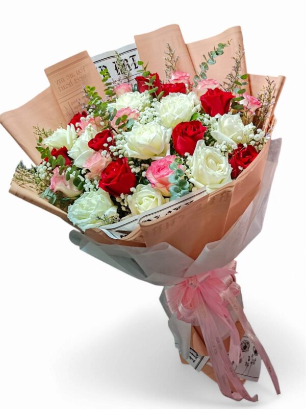 Bouquet of 25 pink, white and red roses