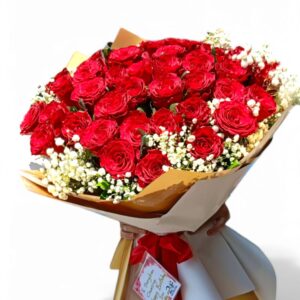 39 red roses decorated with brown and white paper