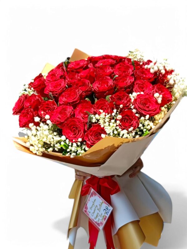 39 red roses decorated with brown and white paper