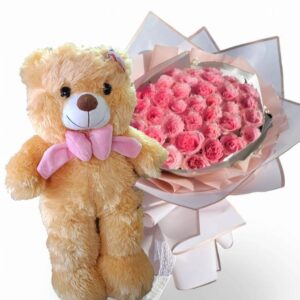 31 pink roses, brown teddy bear, size 45 cm.
