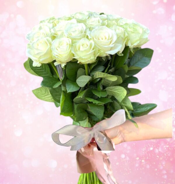 15 long-stemmed white roses decorated with ribbon