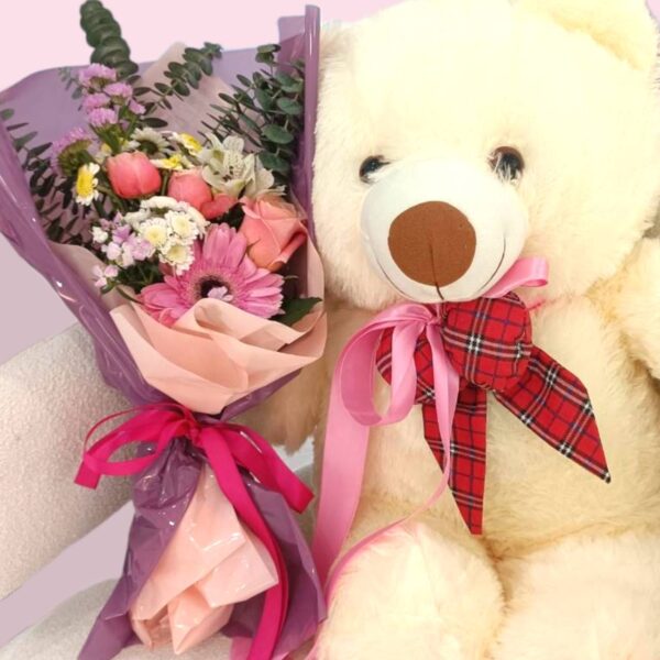 Teddy bear + 1 bouquet of various flowers