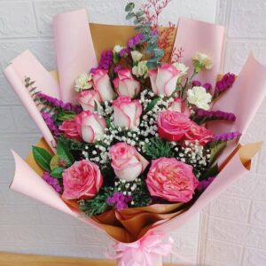 ช่อดอกกุหลาบสีชมพู 9 ดอก สไตล์วินเทจ