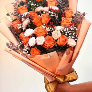 A bouquet of 15 orange roses mixed with carnations