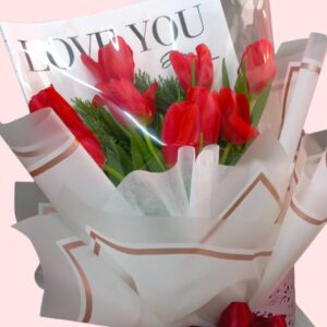 A bouquet of 9 red, orange, or yellow tulips